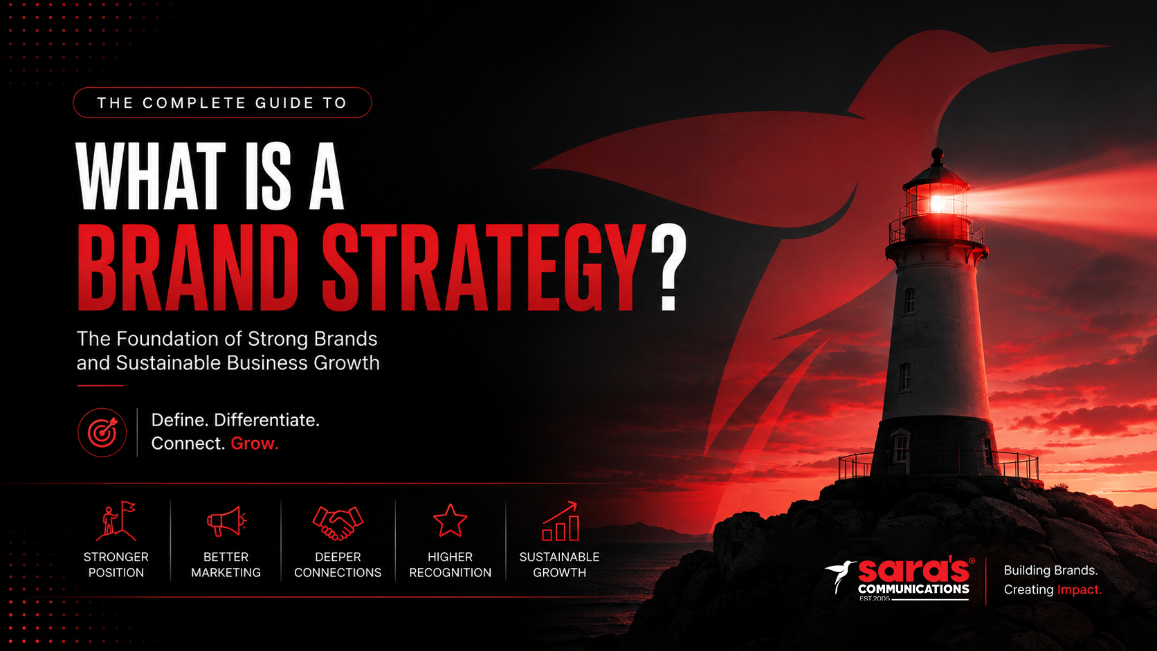 What Is a Brand Strategy? — Sara's Communications complete guide cover with a red lighthouse and hummingbird symbolizing brand direction, showing five benefits: stronger position, better marketing, deeper connections, higher recognition, and sustainable growth